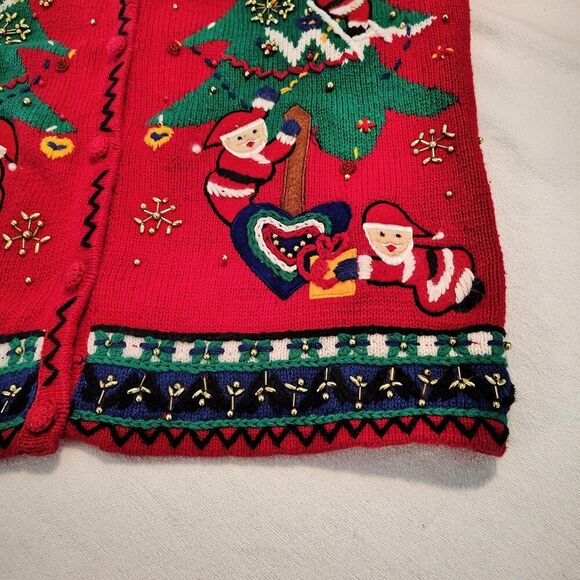 Vtg Parisian Works Christmas Cardigan Santa Christmas Tree Beaded Embellished M - Picture 11 of 12